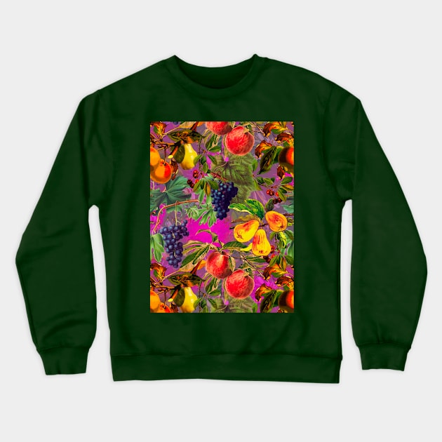 Exotic Vintage fruit pattern, vines, vintage florals, botanical pattern, pink fuchsia floral illustration Crewneck Sweatshirt by Zeinab taha